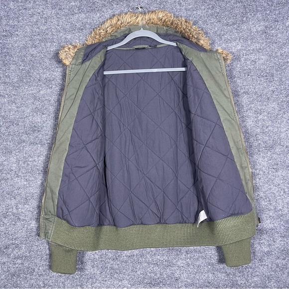 Fox Women’s Junior Large Green Military Style Faux Fur Hooded Jacket 90s Y2K - Picture 3 of 14